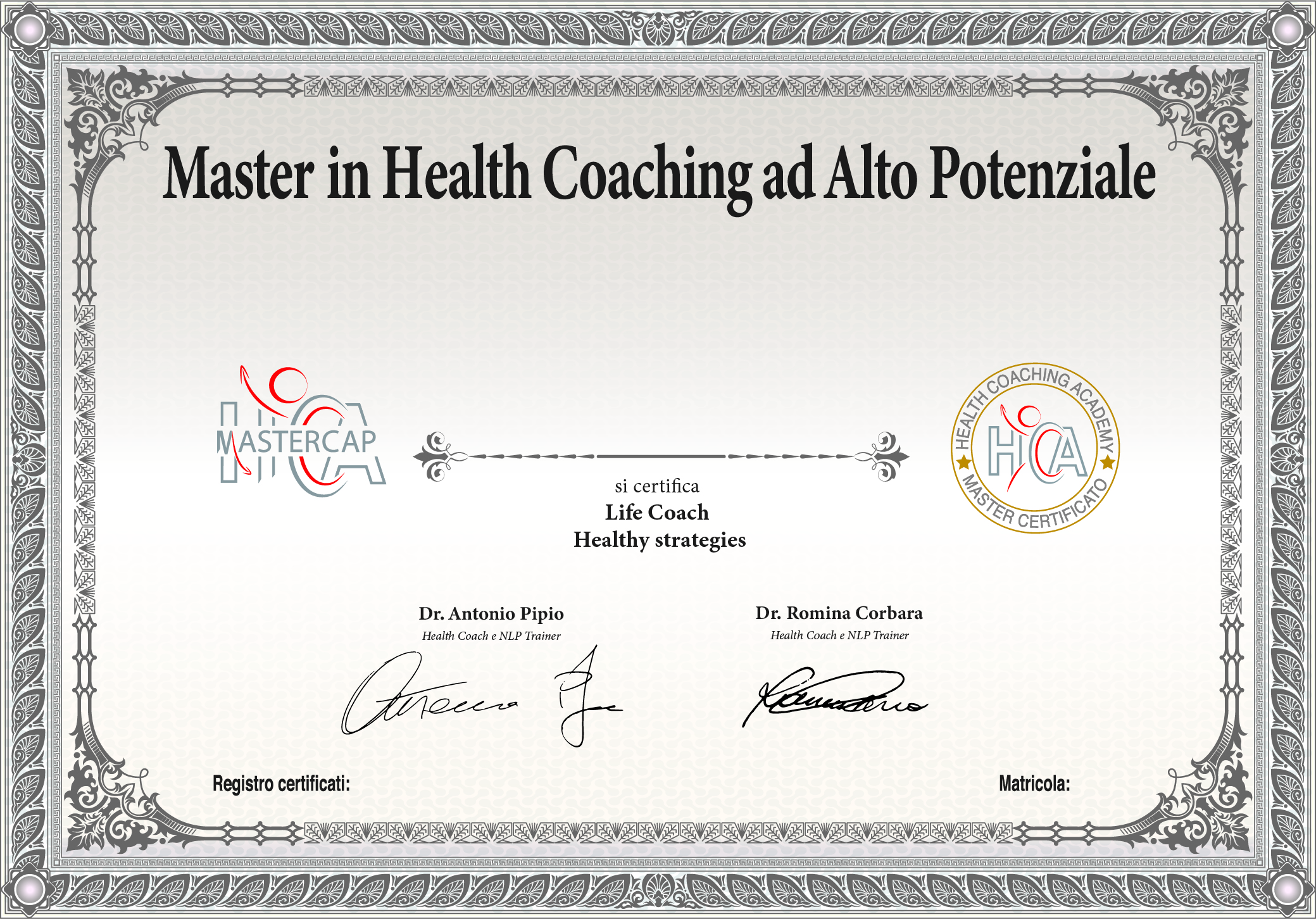 certificato di LIFE COACH healthy strategies